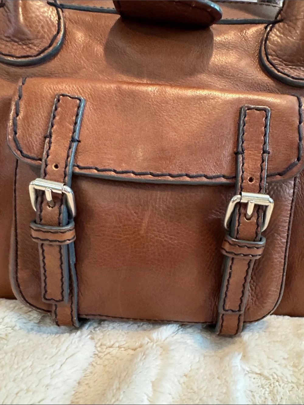 Chloe Whiskey Brown Leather Satchel with Front Buckle Pocket